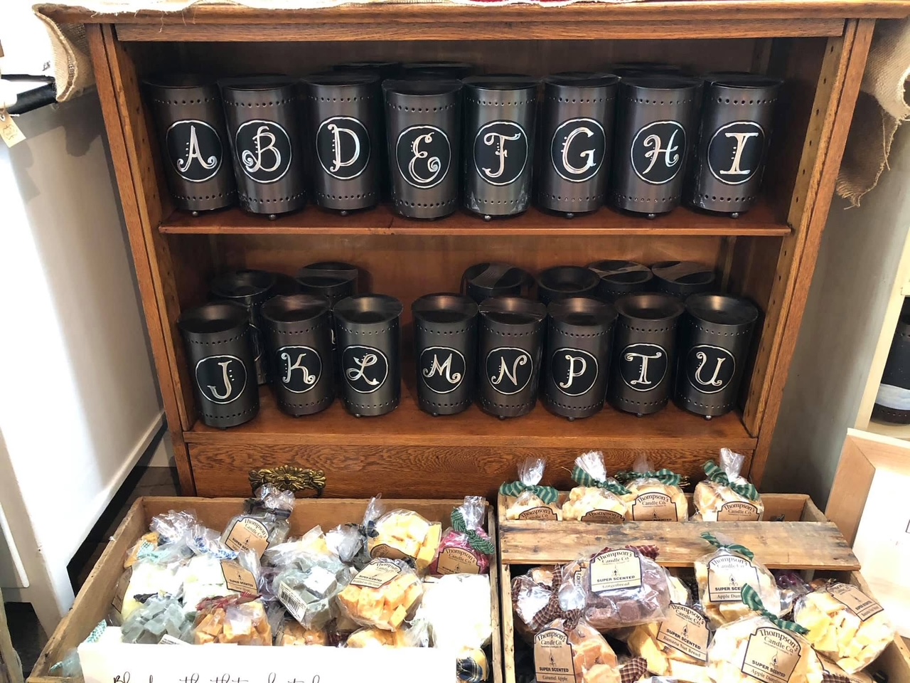 Monogrammed candles at Back Porch Gifts